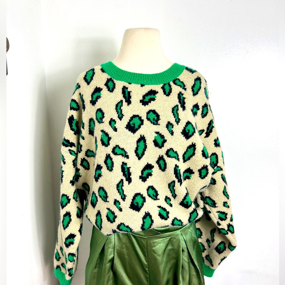 Animal Pattern Jacquard Knitted Sweater Jumper Womens Green White L Oversized